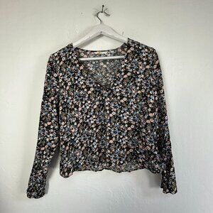 Boden Womens Floral Long-Sleeve V-Neck Top Blouse Size 8 Black Multi T1177 NWOT